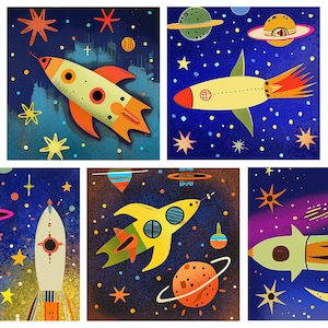 May include: Six colorful illustrations of rockets flying through space. Each illustration features a different rocket design with a unique color scheme and details. The backgrounds are dark blue with stars and planets.