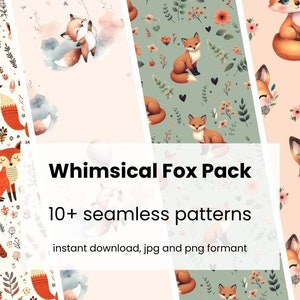 May include: Whimsical Fox Pack: 10+ seamless patterns.  A digital download of cute fox illustrations in various poses and settings, perfect for crafting and design projects.  Instant download, jpg and png format.