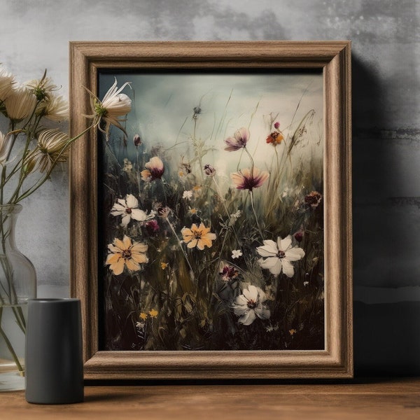 Moody Flower Field Print | Rustic Dark Cottagecore Decor | Vintage Oil Painting | Wall Art | Dark Academia Decor | Rustic Home Decor