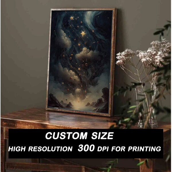 Gothic Wall Art | Vintage Celestial Night Sky Print | Dark Aesthetic | Abstract Stars Painting | Printable Wall Art | Celestial Active