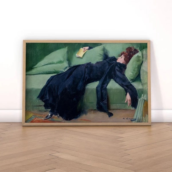 Decadent young woman after the dance Gift for friend Emerald green art Moody vintage portrait Ramon Casas Above sofa art High quality print