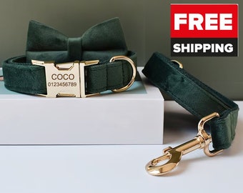 Conjunto de arco de correa de collar de perro de terciopelo personalizado, collar de cachorro personalizado con nombre grabado, collar de perro de boda, collar de pana con herrajes dorados