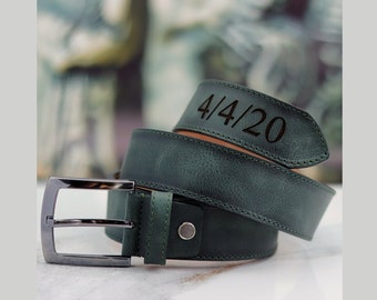 Custom Engraved Green Leather Belt,Handmade Full Grain Leather, Ideal Gift for Him, Personalized with Name for Anniversary & Valentine's Day