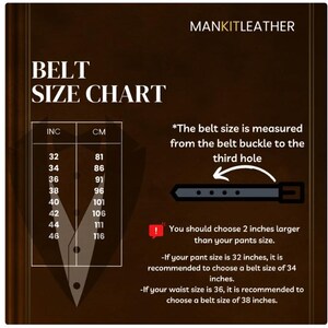 May include: A belt size chart with measurements in inches and centimeters. The chart includes sizes from 32 to 46 inches, with corresponding centimeter measurements. The text explains how to measure belt size and recommends choosing a belt 2 inches larger than pant size.