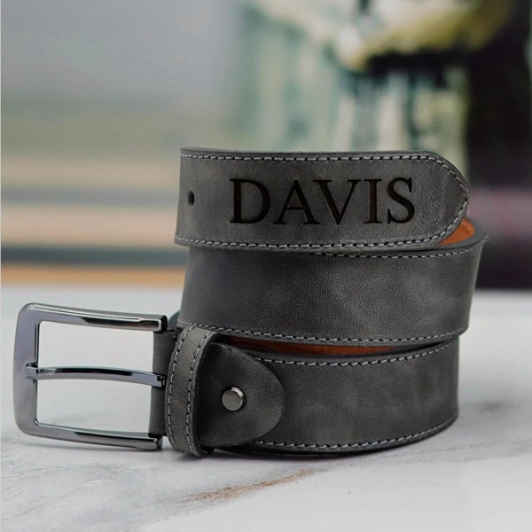 Exquisite Personalized Gray Leather Belt - Handcrafted Full Grain, Custom Name Engraving, Perfect Anniversary & Valentine's Gift for Men