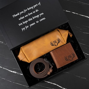 Juego de cinturón de cuero personalizado, listo para regalar, billetera y neceser, regalo para padrinos de boda, Día del Padre, regalo de aniversario, regalo de boda