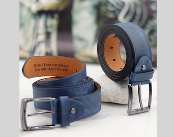 Ceinture en cuir bleu marine personnalisée, ceinture pleine fleur fabriquée à la main, cadeau unique pour petit ami, anniversaire et Saint-Valentin, ceinture prénom personnalisée