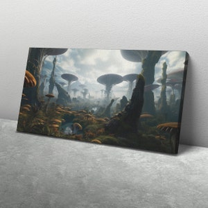 May include: A surreal landscape with giant mushroom-like structures, a winding stream, and a misty atmosphere. The scene is filled with lush greenery and a sense of mystery.
