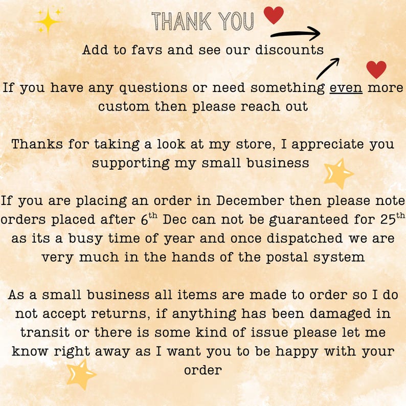 Op de afbeelding: Een handgeschreven notitie met de woorden "THANK YOU" bovenaan. De tekst bevat een bericht over kortingen, aangepaste bestellingen en ondersteuning van kleine bedrijven. Decoratieve harten en sterren zijn inbegrepen.