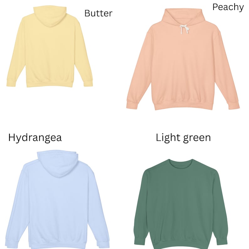 Op de afbeelding: Vier hoodies in verschillende kleuren: botergeel, perzikroze, lichtblauw en lichtgroen. Elke hoodie heeft een capuchon en lange mouwen. De kleuren zijn voorzien van hun namen.