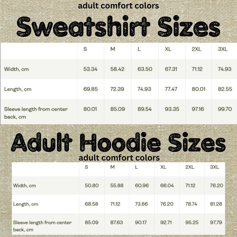 Op de afbeelding: Maattabel voor volwassen sweatshirts en hoodies, in centimeters. De sweatshirtmaten omvatten breedte, lengte en mouwlengte, van S tot 3XL. De hoodie maten tonen ook breedte, lengte en mouwlengte, van S tot 3XL.
