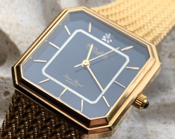 Elegant Dufonte by Lucien Piccard Square Watch: Goldtone Quartz with Diamond Black Dial. 1980s/90s Dress Watch, Integral Woven Adj. Bracelet