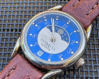 LA Express Moon Phase Watch - Stellar Lunar Cycle Moonphase Blue & Silver Dial with date. New battery, New crystal, New Strap