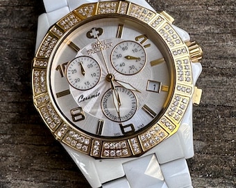 Orologio cronografo da donna Swiss Precimax in ceramica / Tonalità bianco e oro / Lunetta con cristalli