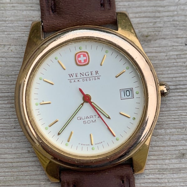 Wenger SAK Design Swiss Army Style 1990s Gold Quartz Watch - Gold Bezel, White Dial, Date. Swiss made, New battery. New Bison Strap. #0605