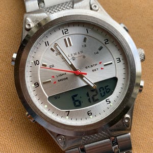 Let's Go Camping! Coleman Watch - Ani Digi, Retro, Heavy, 40mm, Thick, Red Sweep, Radiant Silver Dial, Works Well, Tested. New Battery.
