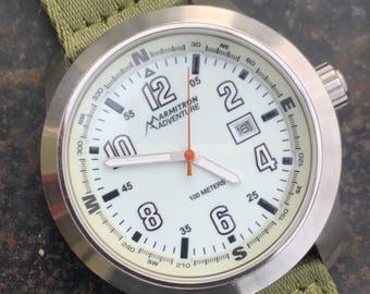 HUGE Armitron Adventure Watch - Brushed Metal, White Glowing Night Dial, 46mm! Date, Works Well, New Green Nylon Strap. New Batt. Outdoorsy