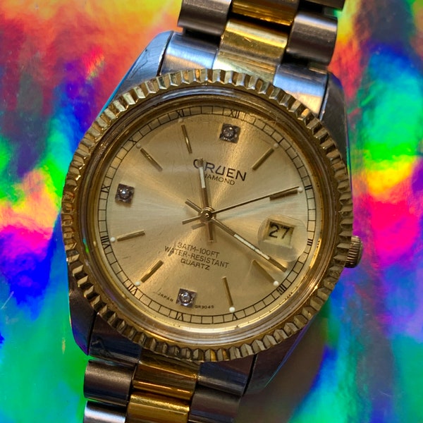 Diamond Gruen Seiko/Rolex-Inspired Duotone Quartz Watch. Gold Dial w/Diamond Indices, Gold-faceted Bezel on Stainless Case. New Battery.