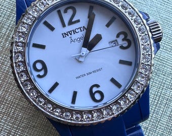 Invicta Angel Royal Blue Plastic Bracelet Watch - 39mm - Crystal Bezel White Dial Date Display - Working Fresh Battery