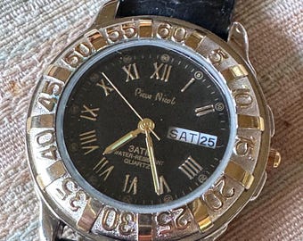 Pierre Nicol Day-Date Watch | Two-Tone Rotating Knurled Bezel | Roman Numeral Dial