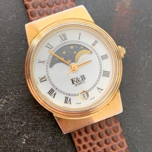 F & B  Moon Phase Watch - Roman Enamel Dial Celestial - Real Moonphase with Date. New battery, New Vintage Style leather strap. Hidden Lugs