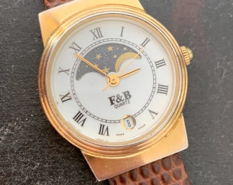 F & B  Moon Phase Watch - Roman Enamel Dial Celestial - Real Moonphase with Date. New battery, New Vintage Style leather strap. Hidden Lugs