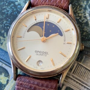 Speidel Moon Phase Watch - Excellent 90s Moonphase - New battery, original leather strap. Blue & Gold. Monthly Lunar Cycle. Swiss Movement!