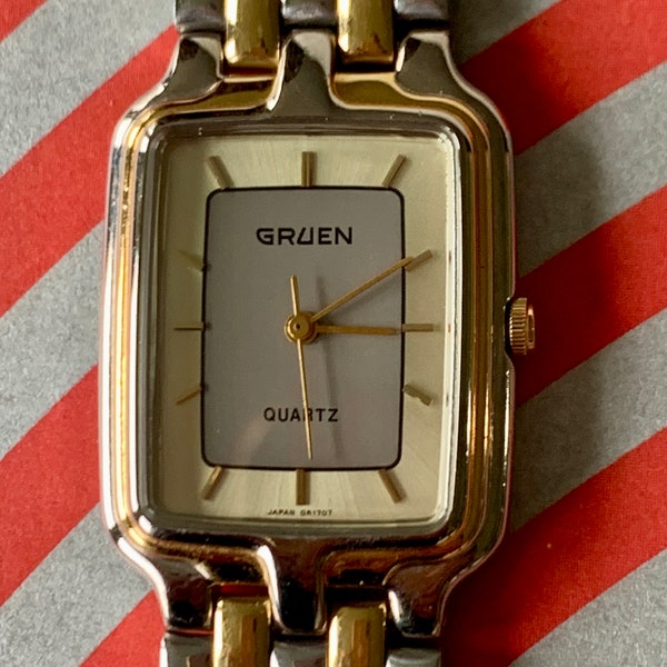 Vintage Elegance: 1980s Gruen Two Tone Metal Tank Watch - Barely worn, new battery, keeps time well.  001-6L32