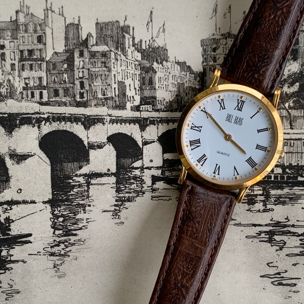 Classical Bill Blass by Gruen Quartz Watch - Elegant Roman Dial, Immaculate Condition, Leather Strap, Affordable Price. Slimline.