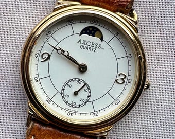 Axcess Moon Phase Watch - Enamel Dial with Sub-Second Hand 32mm Real Moonphase. New battery, Original Pig Skin Strap. Late 1980s Hong Kong