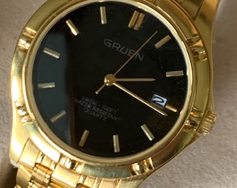 NOS 1990s Gruen Gold Tone Watch with Black Dial & Cufflinks