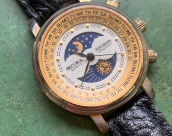 Becora Sun Moon Watch -  Split Dial Celestial - Sun and moon rotate with day & night. New battery, Restored Kesler leather strap. Day-Month.