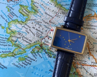 1980s Alaska Flag Watch from Flagtime Watch Co. - Rectangular Blue Dial Quartz watch with Big Dipper and North Star Flag. New Blue Strap.
