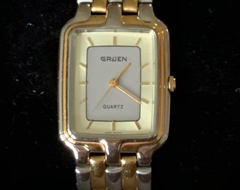 Neo-Vintage: 1980s Gruen Two Tone Metal Tank Watch - Barely worn, new battery, keeps time well.  Retro flair! 001-6L32