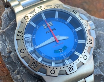 Fossil Blue Automatic 'Poseidon' Watch AM-4028 - Blue Dial, Diver Style w/ Rotating Bezel, Excellent Cond, 42mm.