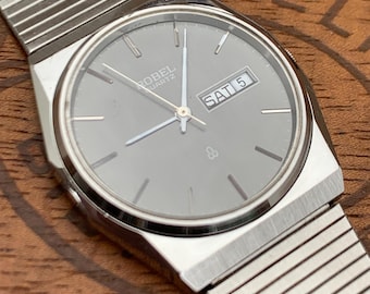 Mystery 1980s ROBEL Quartz Watch - Day Date Watch with Seiko/Tissot influence. Brushed Gray Dial, Stainless. Cool Analog 80s Korean Style!