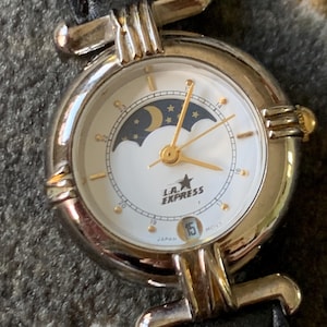 LA Express Moon Phase Watch by Nelsonic - Excellent Lunar Cycle Moonphase with White Dial:  New battery, original leather strap. Fancy lugs.