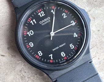 Classic Casio MQ-24 Quartz Watch | 33.5mm Black Resin Case | Classic Field Style | Black White and Red DIal