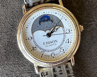 Edison Moon Phase Watch - 1990s Moonphase - New battery, Orig Gray Leather Strap. Retro-decorative Dial and Real Monthly Lunar Cycle!