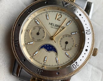 1990s Helbros Moonphase Quartz Diver Watch - 38.5mm, DuoTone, Champagne Dial w/Chrono Day/Date , Moon Window. New Bracelet, True Moon Phase