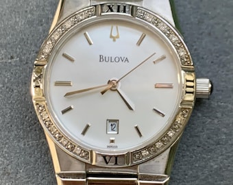 Bulova Ladies Bracelet-Style Roman Steel Watch with Subtle Diamond Bezel - Mother of Pearl Dial with Integral Bracelet. Excellent.