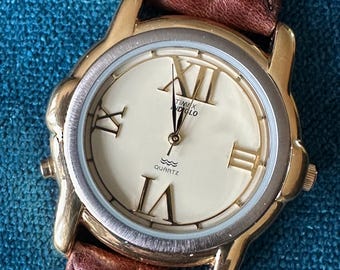 Vintage 1994 Roman Timex Indiglo Cream Dial Dress Watch, 38mm DuoTone Case, Large Roman Numerals. Brown Leather Strap. Classic 90s Aesthetic
