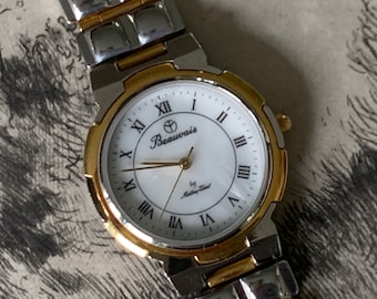 1980s Pearl Dial DuoTone Quartz Watch - Beauvais by Mathey-Tissot - Two Tone Gold & Silver, Roman Numerals, new battery, good condition.