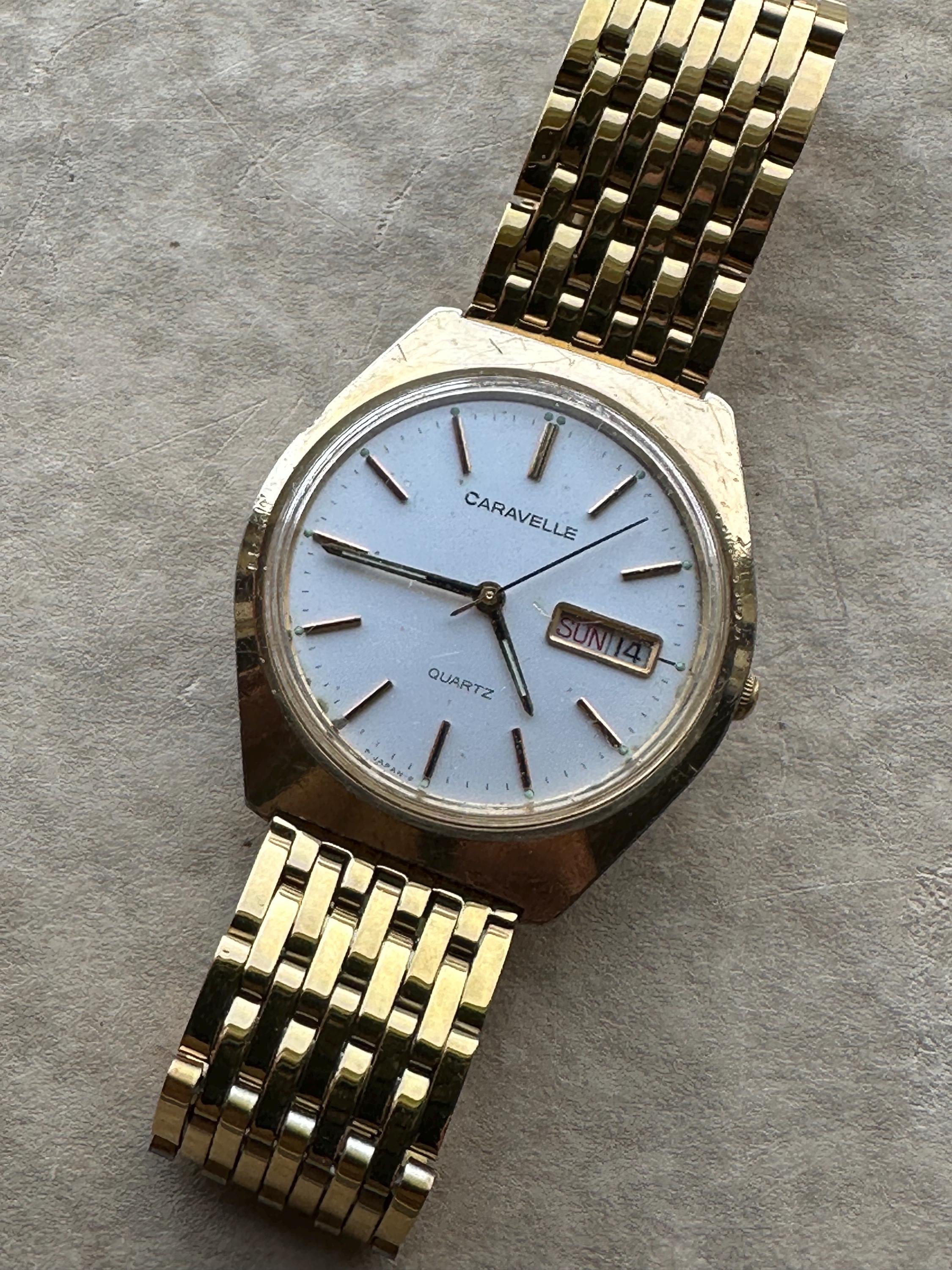 1980s Caravelle by Bolova Quartz Watch Gold Tone Finish, White