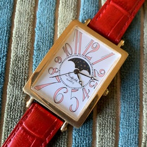 Sheffield Moon Phase Tank Watch - Unusual Moon/Sun Bold Rectangular Watch w/ &#39;Crazy&quot; Digits. New battery, red leather strap. Day Night Watch