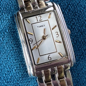 Elegant Timex Bracelet Two-Tone Tank Watch | Textured Sunburst Dial | 21mm x 31mm | Excellent Condition.