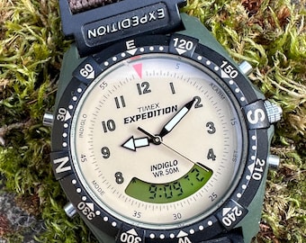 Vintage Timex Expedition 38mm | Tactical Green & Cream | Rare Ana-Digi Model | Compass Bezel | Unworn | Original
