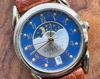 LA Express Moon Phase Watch - Excellent Lunar Cycle Moonphase Blue & Silver Dial with date. New battery, New vintage-style leather strap.