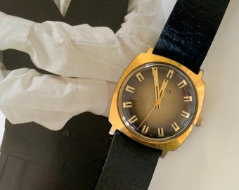 Stunning 1970's Style - Square Benrus Winder with Radiant Dial, Bold Unique Hands and Indices, Vintage Gently Worn Leather Strap. Bold.