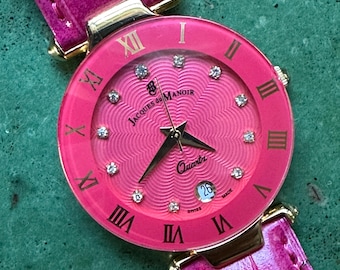 Jacques du Manoir Swiss Made Watch, Vibrant Pink Guilloché Dial, Crystal Indices, Gold Tone Accents – Great Condition – Pinker than Pink